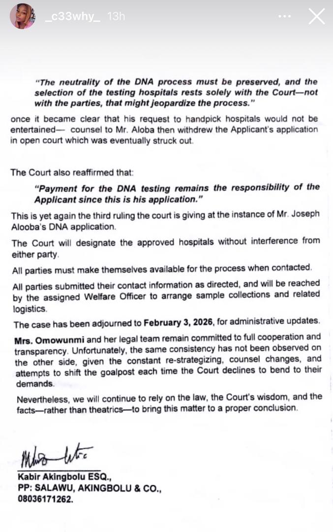 Mohbad?s widow, Wunmi, gives update on her DNA court case with her father in-law, Joseph Aloba